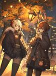  2girls :3 :o absurdres amiya_(arknights) animal_ears arknights bag blonde_hair blue_eyes building bush ev-oo fishnet_pantyhose fishnets handbag highres holding horns lamppost long_hair miniskirt multiple_girls night night_sky pantyhose rabbit_ears red_eyes red_horns short_hair shorts skirt sky smile star_(sky) thorns w_(arknights) white_hair yellow_eyes yellow_leaves 