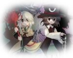  2others ascot bare_shoulders black_coat black_eyes black_hair black_hat black_kimono black_shorts border brown_ascot brown_coat closed_mouth coat coattails collared_coat collared_shirt compass_(xinjinjumin6687443) cowboy_shot detached_sleeves dot_nose drop_shadow earthen_miraculous_sword enraku_tsubakura expressionless eye_of_senri eyes_visible_through_hair floral_background flower gradient_background green_background green_hakama grey_eyes grey_hair hair_between_eyes hakama hakama_short_skirt hakama_skirt happy hat holding holding_flower houlen_yabusame japanese_clothes jinbei_(clothes) jitome kimono lapels layered_sleeves len'en light_blush light_frown long_sleeves medium_hair multiple_others neck_ribbon notched_lapels puffy_short_sleeves puffy_sleeves purple_background reactivate_majestical_imperial red_flower red_ribbon ribbon round_border shirt short_hair_with_long_locks short_kimono short_over_long_sleeves short_sleeves shorts sidelocks skirt sleeveless sleeveless_coat sleeveless_shirt sleeves_past_wrists smile spider_lily standing sword tareme top_hat two-tone_background vignetting weapon white_border white_shirt white_sleeves wide_sleeves 