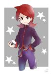  1boy border closed_mouth commentary_request cowlick grey_background grey_eyes hachi_(hachi_sin) hand_in_pocket highres holding holding_poke_ball jacket long_hair long_sleeves male_focus pants poke_ball pokemon pokemon_(game) pokemon_hgss purple_jacket purple_pants red_hair signature silver_(pokemon) smile solo star_(symbol) white_border 