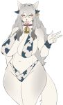  absurd_res anthro big_breasts bikini breasts canid canine carsen clothed clothing collar cowbell ear_piercing ear_tag female gesture grey_hair hair hi_res huge_breasts mammal navel piercing solo swimwear tongue tongue_out v_sign 