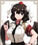 1girl black_hair black_wings breasts collared_shirt formicid hand_on_hip hat large_breasts looking_at_viewer necktie pocket pointy_ears pom_pom_(clothes) red_eyes shameimaru_aya shirt skirt smile solo tokin_hat touhou watch white_shirt wings wristwatch 