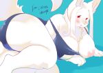  absurd_res anthro areola big_breasts blush breasts butt canid canine clothed clothing female fox fur hair hi_res looking_at_viewer mammal solo swimwear ukenya white_body white_fur 