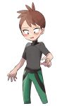  1boy bangs black_eyes blush bright_pupils brown_hair commentary_request green_pants grey_shirt hachi_(hachi_sin) highres looking_down male_focus pants pokemon pokemon_(game) pokemon_lgpe shirt short_hair short_sleeves solo sweatdrop trace_(pokemon) white_pupils 