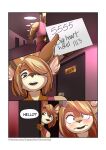  absurd_res anthro brown_body brown_fur cervid clothed clothing comic dialogue female flat_chested fur gynomorph hi_res hotel intersex laura_(soft_rain) mammal mature_female solo thornedog 