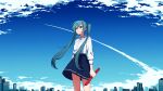  1girl absurdres blue_eyes blue_hair blue_skirt blue_sky cloud collared_shirt commentary_request contrail cowboy_shot eyebrows_visible_through_hair hatsune_miku highres holding long_hair long_sleeves odd_(miyoru) parted_lips pleated_skirt school_uniform shirt shirt_tucked_in skirt sky skyline solo tube twintails vocaloid white_shirt 