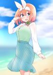  1girl :d bangs beach blue_eyes blue_skirt blue_sky blurry blurry_background blush bow braid breasts camisole cloud commentary_request day depth_of_field eyebrows_behind_hair go-toubun_no_hanayome green_bow green_camisole hair_between_eyes hair_bow hair_ribbon highres horizon kujou_karasuma long_sleeves looking_at_viewer medium_breasts nakano_yotsuba ocean orange_hair outdoors plaid plaid_bow puffy_long_sleeves puffy_sleeves ribbon sand see-through shirt signature single_braid skirt sky smile solo teeth upper_teeth water white_ribbon white_shirt 