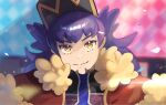  1boy bad_id bad_twitter_id baseball_cap blurry cape champion_uniform closed_mouth commentary_request dark-skinned_male dark_skin facial_hair fur-trimmed_cape fur_trim hat highres keytaro1125 leon_(pokemon) long_hair looking_at_viewer male_focus pokemon pokemon_swsh purple_hair red_cape shirt smile solo split_mouth upper_body yellow_eyes 