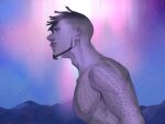  1boy aurora beard black_panther_(film) facial_hair hairlocs killmonger male_focus marvel marvel_cinematic_universe matsu_(bandan) night night_sky profile scar sky solo star_(sky) starry_sky topless_male 