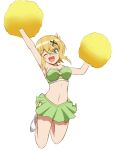  1girl akatsuki_kirika arm_up blonde_hair blush breasts cheerleader crop_top green_eyes highres holding holding_pom_poms looking_at_viewer medium_breasts midriff navel pom_pom_(cheerleading) senki_zesshou_symphogear shiny shiny_hair short_hair simple_background skirt sleeveless smile solo star_cutout white_background yoroshi_(yoroshii_seikatsu) 