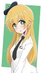  1girl absurdres ame_(amechan17391739) beret black_headwear black_necktie blonde_hair carpaccio_(girls_und_panzer) collared_shirt eyebrows_visible_through_hair girls_und_panzer green_eyes hat highres long_hair long_sleeves looking_at_viewer necktie parted_lips shirt solo white_shirt 