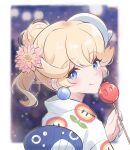  1girl alternate_costume blonde_hair blue_eyes blush candy_apple closed_mouth earrings fire_flower flower food ghost_mask hair_flower hair_ornament highres holding japanese_clothes jewelry kimono konata_w1225 long_hair long_sleeves looking_at_viewer mario_(series) mask mask_on_head ponytail princess_peach princess_peach_(yukata)_(super_mario_odyssey) smile solo sphere_earrings super_mario_odyssey upper_body yukata 