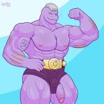  2022 abs anthro barazoku belt biceps big_muscles big_penis blue_background bulge championship_belt circumcised clothing flaccid flexing genitals hi_res huge_muscles humanoid_genitalia humanoid_penis layndon machoke male muscular muscular_anthro muscular_male narrowed_eyes nintendo nipples obliques pecs penis pok&eacute;mon pok&eacute;mon_(species) poking_out signature simple_background smile solo speedo standing swimwear tattoo thick_thighs video_games 