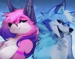  2022 angiewolf anthro blue_body blue_fur duo ear_piercing female fur hair hair_over_eye male mammal one_eye_obstructed open_mouth piercing pink_body pink_fur teeth 