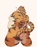  2022 anthro backsack balls barely_visible_balls barely_visible_genitalia belly blush eyes_closed felid genitals haoming hi_res kemono male mammal moobs nipples overweight overweight_male pantherine simple_background solo tiger white_background 