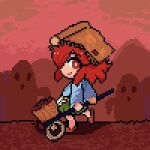  1other androgynous apron bare_legs blue_kimono bottle_opener bright_pupils brown_helmet brown_slippers chibi closed_mouth cloud ex_mugennumaya green_hakama hakama hakama_short_skirt hakama_skirt hammer haniwa_(statue) helmet holding holding_hammer japanese_clothes katano_sukune katano_sukune's_bottle_opener kimono len'en long_sleeves looking_at_viewer looking_back medium_hair mountainous_horizon other_focus outdoors pixel_art red_eyes red_hair red_sky shadow short_kimono skirt sky slippers smile solo sunset waist_apron white_apron white_pupils wide_sleeves 