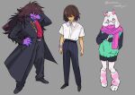  1boy 1girl 1other adapted_costume alternate_costume animal_ears black_coat black_pants black_shoes brown_hair chain coat colored_skin deltarune full_body furry furry_female furry_male glasses goat_boy goat_ears goat_horns grey_background grin hand_on_own_hip highres horns kris_(deltarune) lantern_madoyoi leg_warmers long_hair looking_at_viewer open_mouth pants pink_eyes pink_horns pink_scarf purple_skin ralsei scarf semi-rimless_eyewear sharp_teeth shirt shoes short_hair simple_background smile standing susie_(deltarune) teeth twitter_username under-rim_eyewear utdr_(toby_fox) watch white_shirt wristwatch 