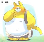  2021 absurd_res anthro belly black_nose blush bottomwear clothing felid hi_res kemono m2vcjtad5hsdvla male mammal navel overweight overweight_male shorts solo white_body 
