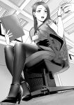  1girl :d absurdres chair cup disposable_cup greyscale high_heels highres holding id_card indoors kyuuso_inukami long_hair monochrome office_chair office_lady original pantyhose pencil_skirt short_sleeves sitting skirt smile solo 