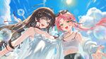  2girls absurdres ahoge armpits black_bra blue_eyes blush bra braid breasts brown_hair bubble camisole cloud cloudy_sky commentary_request dress_shirt earrings flat_chest green_eyes hair_ornament hanako_nana heart heart_hair_ornament highres jewelry kokko_(kokko3045) korean_commentary large_breasts long_hair looking_at_viewer multicolored_hair multiple_girls neck_ribbon off_shoulder open_mouth pendant pink_hair red_ribbon ribbon see-through_clothes shirayuki_hina shirt single_braid sky stellive streaked_hair sun tank_top underwear white_camisole white_tank_top 