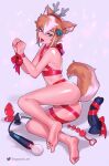  1boy anal_beads animal_ears anus ass bound bound_wrists butt_plug christmas dildo english_commentary fake_antlers feet fox_boy fox_ears fox_tail frogzone_art genshin_impact gorou_(genshin_impact) hair_ornament highres looking_at_viewer male_focus multicolored_hair naked_ribbon otoko_no_ko ribbon sex_toy solo tail testicles tongue tongue_out two-tone_hair white_hair 