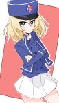  1girl ame_(amechan17391739) bc_freedom_military_uniform blonde_hair blue_eyes blue_headwear crossed_arms eyebrows_visible_through_hair girls_und_panzer hat highres long_sleeves looking_at_viewer medium_hair oshida_(girls_und_panzer) pleated_skirt skirt solo white_skirt 