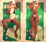  absurd_res accessory anthro beach_towel blonde_hair blue_ribbon breasts butt collaboration colorsbyvest dakimakura_design ear_flop fake_ears fake_rabbit_ears fan_character female green_eyes hair hair_accessory hair_ribbon hi_res lagomorph leporid looking_at_viewer lying mammal neko-me on_back on_front presenting rabbit ribbons sarah_(neko-me_colorsbyvest) solo spread_legs spreading towel 