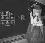  1girl absurdres blue_archive coat coat_on_shoulders explosive gameplay_mechanics halo haruna_(blue_archive) hat heart highres indoors kai_xin long_hair looking_at_viewer minecraft monochrome solo standing tnt tnt_block_(minecraft) 