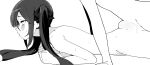  1boy 1girl absurdres blush completely_nude deep_penetration from_side genshin_impact greyscale hetero highres long_hair mona_(genshin_impact) monochrome nude parted_lips profile prone_bone putama rolling_eyes simple_background torogao twintails white_background 