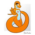  &lt;3 &lt;3_eyes absurd_res anthro bestbake gesture hi_res kobold orange_body orange_scales pasties pinup pose reptile scales scalie simple_background snake v_sign yellow_eyes 