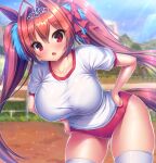 1girl :o animal_ears bent_over blush breasts brown_hair daiwa_scarlet_(umamusume) fang gym_uniform hands_on_hips horse_ears horse_tail large_breasts long_hair looking_at_viewer outdoors red_eyes solo tail takeponi thighhighs twintails umamusume white_legwear 