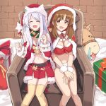  2girls armchair bangs bell belt bikini black_belt blitzen breasts brick_wall brown_eyes brown_hair capelet chair christmas cleavage closed_eyes commentary_request eve_santaclaus eyebrows_visible_through_hair fur-trimmed_capelet fur-trimmed_jacket fur-trimmed_skirt fur_cuffs fur_trim gift green_scarf hands_on_lap hat highres hood hood_up hooded_capelet idolmaster idolmaster_cinderella_girls jacket large_breasts long_hair long_sleeves looking_at_viewer medium_breasts midriff multiple_girls navel open_mouth partial_commentary red_bikini red_capelet red_headwear red_jacket red_skirt reindeer sack santa_bikini santa_costume santa_hat scarf side-by-side silver_hair sitting skirt smile snow star_(symbol) swept_bangs swimsuit thighhighs totoki_airi yellow_legwear zyuuyon 
