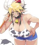  1girl animal_ears animal_print bell blonde_hair blue_shorts breasts brown_eyes brown_hair cathyl cleavage collar commission cow_ears cow_girl cow_print cow_tail cowbell cowboy_shot facial_mark grin hand_on_hip holding huge_breasts leaning_forward mila_(yuta27315) monster_girl monster_musume_no_iru_nichijou mouth_hold multicolored_hair muscular muscular_female neck_bell short_shorts shorts simple_background skeb_commission smile solo stalk_in_mouth standing straw_(stalk) tail two-tone_hair white_background wide_hips 