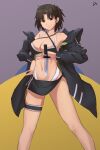  1girl ahoge alternate_breast_size_(larger) bare_shoulders bikini black_bikini black_jacket black_sarong breasts brown_eyes brown_hair closed_mouth commentary criss-cross_halter fate/grand_order fate_(series) grey_background halterneck highres holding holding_knife holding_weapon jacket jacket_partially_removed knife large_breasts looking_at_viewer manaaluma multicolored_bikini navel off_shoulder open_clothes open_jacket parted_bangs ryougi_shiki ryougi_shiki_(swimsuit_mooncancer)_(first_ascension) sarong short_hair solo standing swimsuit thigh_strap three-toned_background two-tone_bikini weapon white_bikini yellow_background 