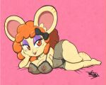 anthro big_breasts breasts clothing eyeshadow female hi_res lingerie lying makeup mammal mouse murid murine on_side rodent solo striped_body stripes tansau thick_thighs translucent translucent_clothing 