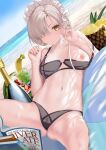  absurdres areolae azur_lane banana bangs beach beach_towel bikini braid braided_bun breasts champagne_bottle closed_mouth collarbone day english_text female_pubic_hair food fruit grapes grey_hair hair_over_one_eye highres legs_apart looking_at_viewer lying maid_headdress medium_breasts navel nipples ocean on_back pineapple pubic_hair reading sand see-through_swimsuit sheffield_(azur_lane) short_hair stomach strap_slip strawberry sunlight swept_bangs swimsuit thighs towel user_aksk7337 wardrobe_malfunction water watermelon yellow_eyes 