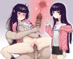  1boy 1girl black_hair black_shorts blunt_bangs bottomless breasts closed_mouth cross-section erection grabbing_another's_breast grabbing_from_behind groping half-closed_eye hand_up hetero highres hood hood_down hooded_jacket jacket lee_mae_hyang long_hair long_sleeves looking_at_viewer multiple_views nipples oh_minji open_clothes open_jacket parted_lips penis pink_jacket pussy sex shirt shorts small_breasts solo_focus sweat testicles today's_han_yoil_is_a_woman v vaginal white_shirt 
