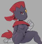  2022 3_fingers anthro black_nose breasts claws dark_body dark_fur ewmo.de eyelashes fangs featureless_breasts featureless_crotch female fingers forehead_gem fur looking_at_viewer mammal nintendo nude pok&eacute;mon pok&eacute;mon_(species) red_eyes sitting solo spread_legs spreading thick_thighs video_games weavile 