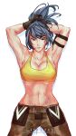  1girl abs armlet armpits arms_up bangs blue_eyes blue_hair breasts gloves highres large_breasts lazy_soap leona_heidern muscular muscular_female navel pocket simple_background solo tank_top the_king_of_fighters the_king_of_fighters_xiv the_king_of_fighters_xv v white_background yellow_tank_top 