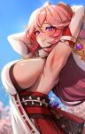  1girl absurdres armpit_focus armpits arms_up bare_shoulders blurry blurry_background blush breasts detached_sleeves foxyreine genshin_impact highres japanese_clothes large_breasts licking_lips long_hair miko no_bra pink_hair purple_eyes revision sideboob smile solo sweat tongue tongue_out yae_(genshin_impact) 