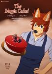 anthro apron black_nose blue_eyes cake candy canid canine chocolate clothed clothing comic cover cover_art cover_page dessert digital_media_(artwork) english_text eyebrows food fully_clothed fur hair hand_on_hip hi_res holding_cake holding_food holding_object male mammal multicolored_body multicolored_fur orange_ears patreon red_hair shirt simple_background smile solo standing tan_body tan_fur text topwear two_tone_body two_tone_fur yuguni yuguni_(character) 