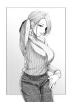  1girl absurdres arm_up breasts denim earrings greyscale highres jeans jewelry kyuuso_inukami large_breasts monochrome original pants short_hair simple_background solo sweater turtleneck turtleneck_sweater 