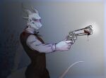  2022 aiming angry anthro blood blood_drip blood_on_clothing blood_on_weapon blood_splatter bodily_fluids clothed clothing digital_media_(artwork) dragon fully_clothed gun handgun hi_res holding_gun holding_object holding_weapon horn kaurimoon male purple_eyes ranged_weapon revolver saren_(saren662) scalie solo standing topwear vest weapon white_body 