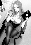  1girl absurdres blush breasts chair computer crossed_legs cup disposable_cup greyscale highres holding jacket jacket_on_shoulders kyuuso_inukami laptop large_breasts long_hair monochrome office_chair office_lady original pantyhose pencil_skirt sitting skirt solo tablet_pc 