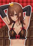  1girl arms_behind_head bare_shoulders black_gloves bow bow_bra bra breasts brown_bra brown_eyes brown_hair candy chocolate chocolate_bar cleavage commentary_request crown daidai_jamu earrings elbow_gloves food food-themed_background frilled_bra frills gloves heart heart_earrings jewelry lace lace-trimmed_gloves lace_trim looking_at_viewer medium_breasts mini_crown original parted_lips plaid plaid_background red_background solo underwear underwear_only upper_body valentine wavy_hair 