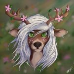  anthro antlers cervid ear_piercing ear_ring flower girly green_eyes hair headshot_portrait hi_res horn lips majestic male mammal markings piercing plant portrait snout solo tribal tribal_markings white_hair yan 