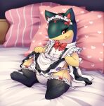3_fingers 3_toes absurd_res bed bedroom_eyes black_body black_clothing black_ears black_footwear black_socks blush blush_lines bottomwear bow_ribbon clothed clothed_female clothing detailed_background donutella eyelashes feet female fingers footwear furniture generation_2_pokemon heart_symbol hi_res looking_at_viewer lying maid_headdress maid_lingerie maid_uniform multicolored_clothing narrowed_eyes nintendo on_back on_bed open_mouth panties pattern_bottomwear pattern_clothing pattern_panties pattern_underwear pillow pokemon pokemon_(species) quilava red_bow_ribbon red_eyes red_inner_ear red_spots seductive smile smiling_at_viewer socks solo spots spotted_head suggestive tan_body toes underwear uniform white_clothing white_panties white_underwear