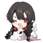  1boy absurdres black_hair braid chibi fang finger_gun highres karon_(vtuber)_(artist) long_hair nijisanji one_eye_closed pale_skin pointy_ears red_eyes samael_(virtuareal) smirk virtuareal 