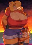  &lt;3 absurd_res activision anthro background_sky bandicoot big_breasts blonde_hair braffy breasts clothing crash_bandicoot crash_bandicoot_(series) ear_piercing ear_ring evening female female/female fur gloves hair handwear hi_res huge_breasts mammal marsupial piercing short_pants sony_corporation sony_interactive_entertainment tawna_bandicoot thick_thighs video_games 