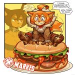  1:1 2021 absurd_res angry anthro bodily_fluids brown_body brown_fur brown_hair canid canine canis ceehaz comic dog_knight_rpg domestic_dog drooling duo english_text female food fur hair hi_res hybrid maci_(ceehaz) mammal micro orange_body orange_fur orange_hair pomeranian rory_(ceehaz) saliva sandwich_(food) sitting size_difference smaller_female spitz text 