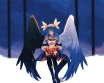  1girl above_clouds angel angel_wings asymmetrical_wings bangs bare_shoulders belt black_legwear breasts choker cleavage cloud detached_sleeves dizzy_(guilty_gear) eyebrows_visible_through_hair flower gate guilty_gear guilty_gear_xrd hair_ribbon heaven highres large_breasts multiple_belts petals red_eyes ribbon scissorschan shaded_face sitting solo sunlight tail tail_hug tail_ornament tail_ribbon wide_sleeves wings yellow_ribbon 
